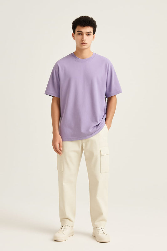 Men’s Oversized Lavender T-Shirt | Solid Round Neck Half Sleeve Casual Streetwear